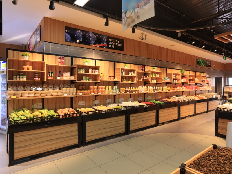 Supermarket Fruit and Vegetable Display Stand – Iron and Wood Combination – Single-Sided Display