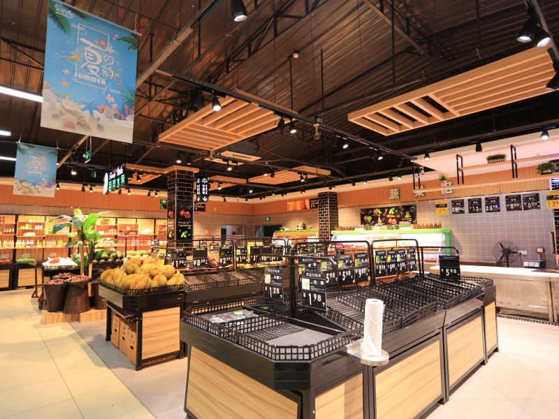Supermarket Fruit and Vegetable Display Stand – Iron and Wood Combination – Island Display Unit