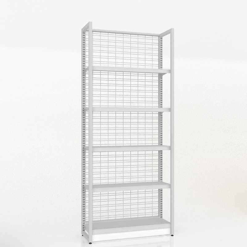 Double-sided island-style wire mesh shelving unit