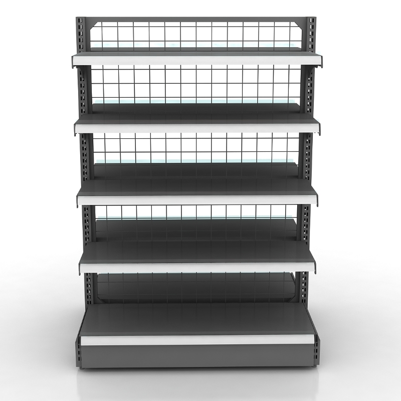 Double-sided island-style wire mesh shelving unit