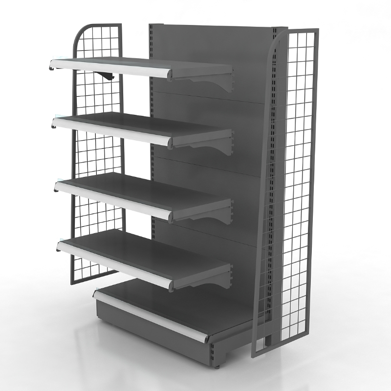 Double-sided island-style wire mesh shelving unit
